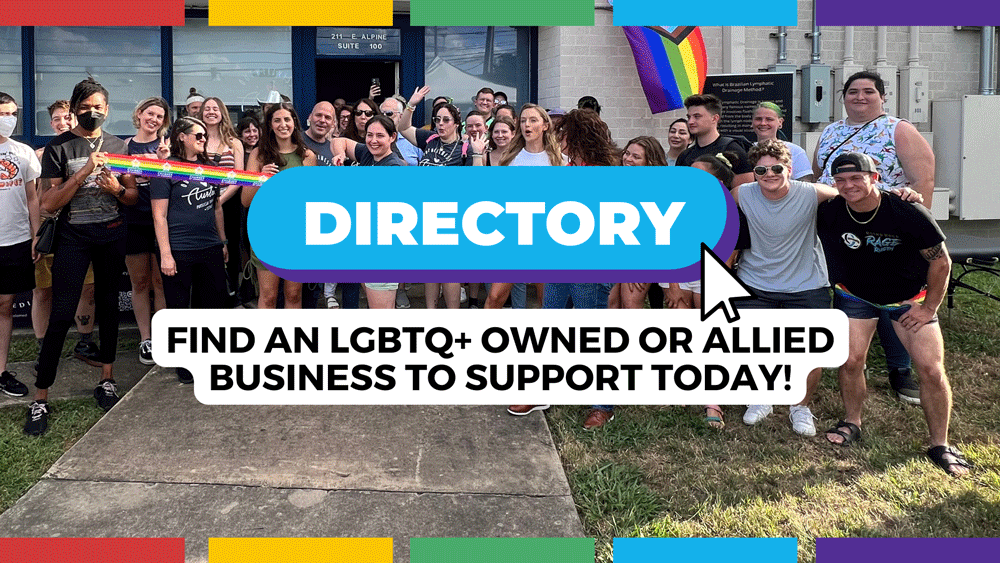 A large group of diverse people gathers in front of an LGBTQ-owned business for a rainbow ribbon-cutting ceremony, celebrating queer visibility and inclusion. A bold “DIRECTORY” button appears with a cursor icon, and text reads, “Find an LGBTQ+ owned or allied business to support today!” A rainbow pride flag is displayed in the background, promoting a gay-friendly, LGBTQ-friendly, and inclusive environment.