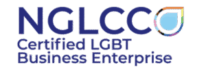 NGLCC Certified LGBT Business Enterprise logo with rainbow colors.
