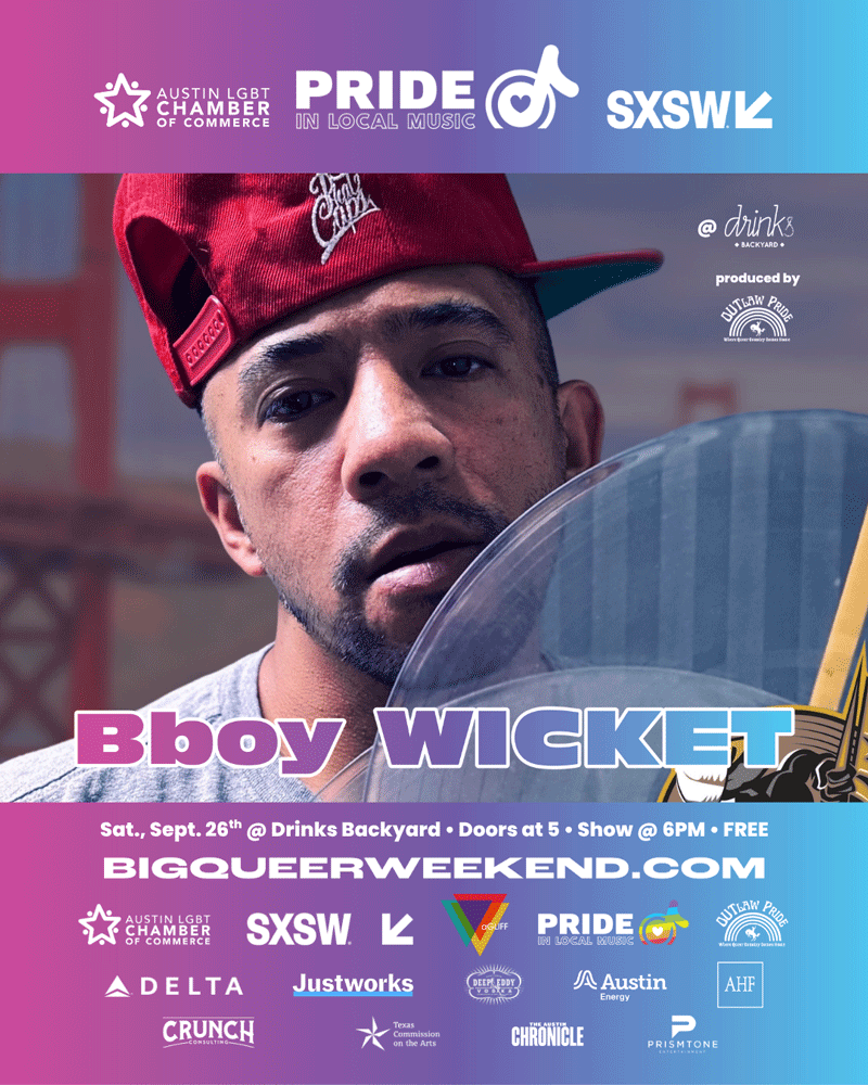 Pride in Local Music artist graphic featuring Bboy Wicket in a red cap behind a turntable. Bboy Wicket performs Saturday, September 26 at Drinks Backyard as part of the free Pride in Local Music showcase. Doors open at 5 PM and the show begins at 6 PM.