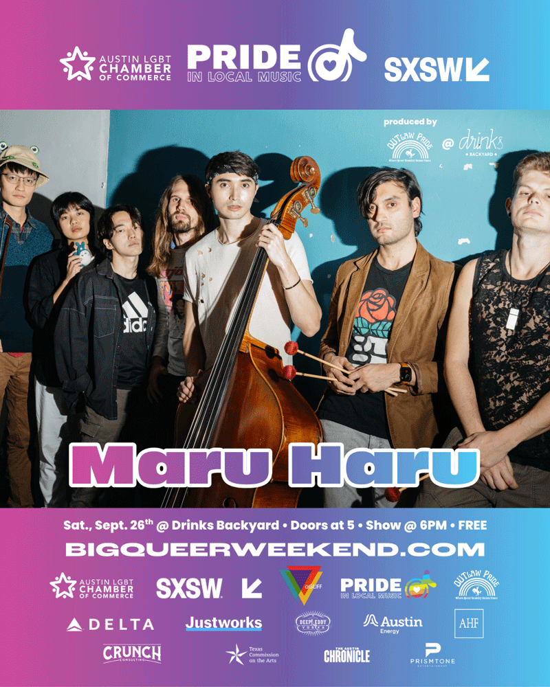 Pride in Local Music artist graphic featuring the six members of Maru Haru, including musicians holding an upright bass and mallets. Maru Haru performs Saturday, September 26 at Drinks Backyard as part of the free Pride in Local Music showcase. Doors open at 5 PM and the show begins at 6 PM.
