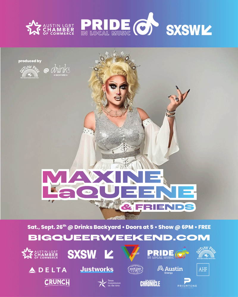 Pride in Local Music artist graphic featuring Maxine LaQueene in a sparkling silver and white look with blonde hair and an ornate jeweled headpiece. Maxine LaQueene & Friends perform Saturday, September 26 at Drinks Backyard as part of the free Pride in Local Music showcase. Doors open at 5 PM and the show begins at 6 PM.