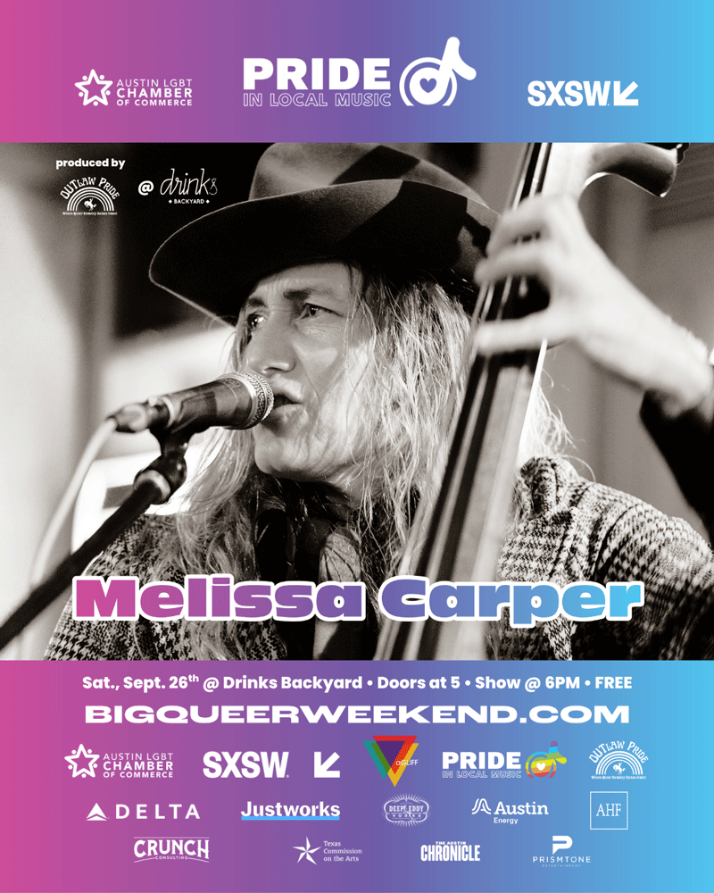 Pride in Local Music artist graphic featuring Melissa Carper singing into a microphone while playing upright bass. Melissa Carper performs Saturday, September 26 at Drinks Backyard as part of the free Pride in Local Music showcase. Doors open at 5 PM and the show begins at 6 PM.